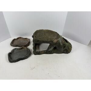 Large Reptile Hide Cave Tree Stump Habitat + 2 Water Dishes Terrarium Decor